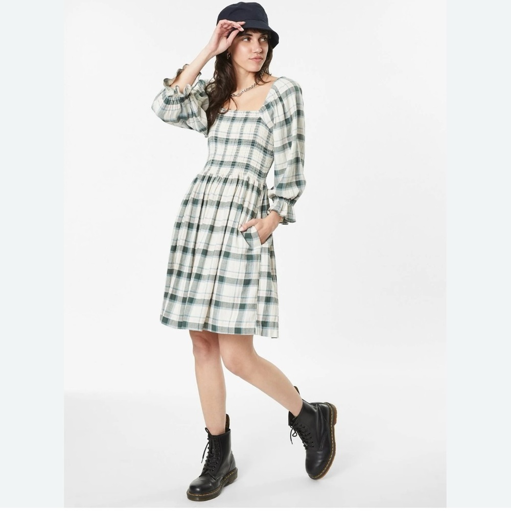 Madewell Lucie Elbow-Sleeve Smocked Mini Dress in Lebaum Plaid Size Medium